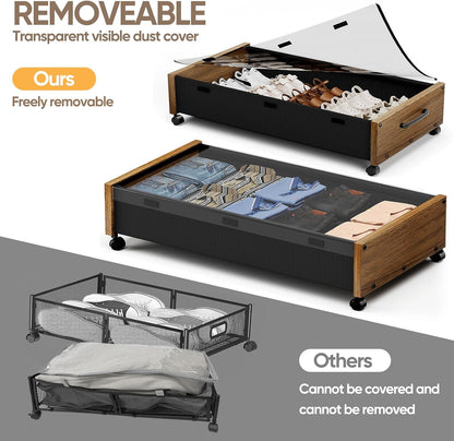 KITHELP Under Bed Storage Containers with Wheels, 2 Pack Underbed Shoe Storage Organizer with Removable Lids, Large Rolling Under Bed Storage Dresser Drawers for Clothes Toys Shoes Blankets