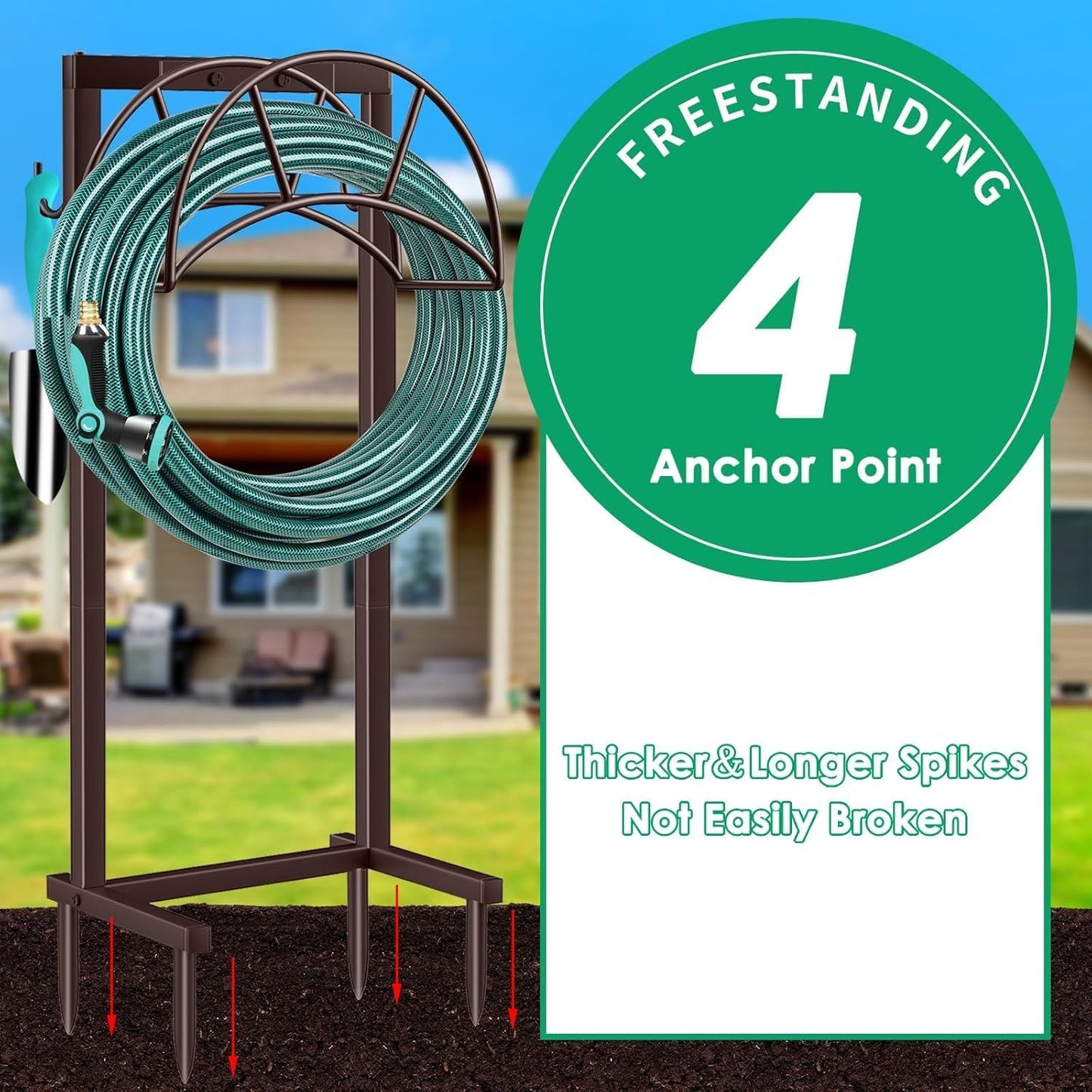 TomCare Garden Hose Holder 4 Spikes Garden Hose Reel Hose Stand Upgraded Water Hose Storage with Tool Hooks Garden Hose Hanger Organizer Holds 160ft Hoses for Outside Yard Lawn, Black