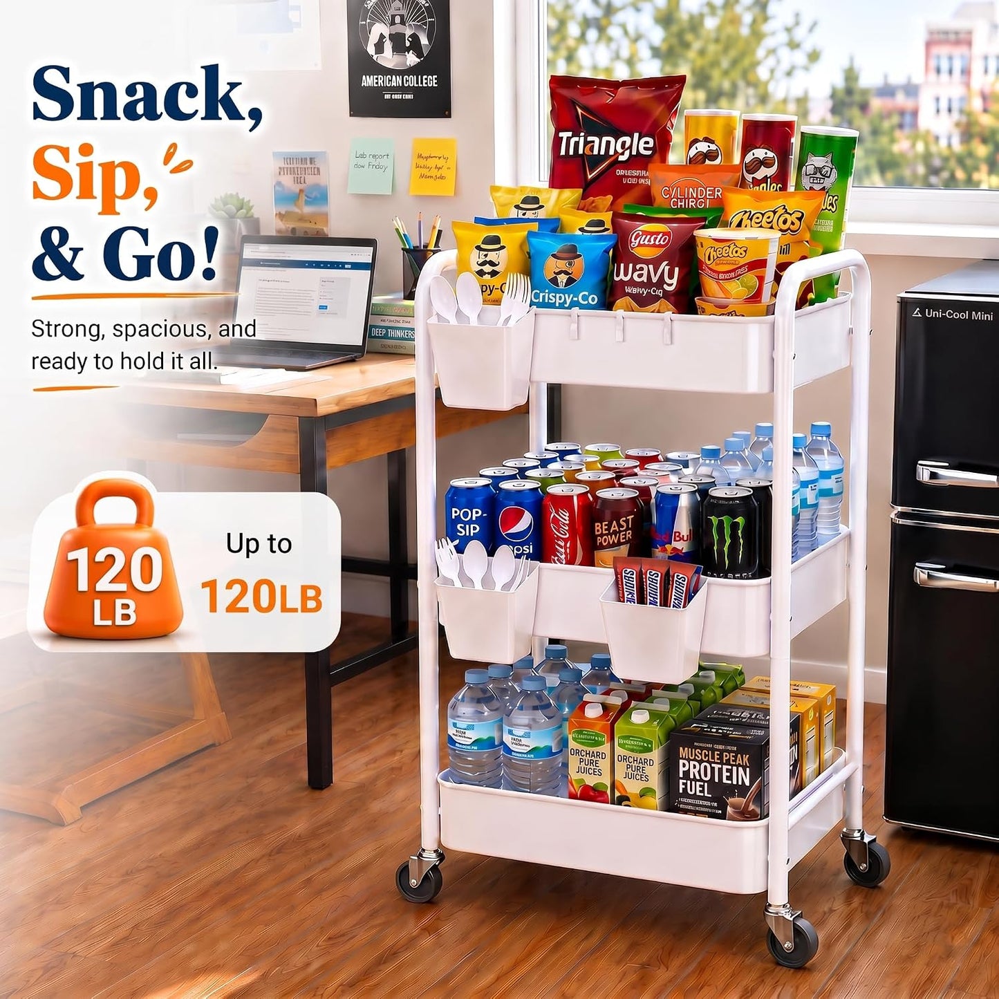 2 Tier Small Rolling Cart Metal with Wheels, White Under Desk Storage Cart on Wheels, Short Utility Roller Caddy Carts Organizer for Art,Craft,Pantry,Bathroom, Two Tiered Shelf Trolley,22 Inches Tall
