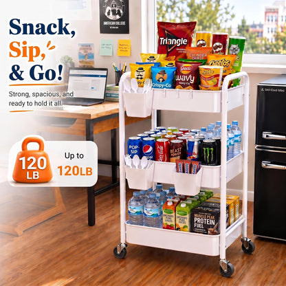 2 Tier Small Rolling Cart Metal with Wheels, White Under Desk Storage Cart on Wheels, Short Utility Roller Caddy Carts Organizer for Art,Craft,Pantry,Bathroom, Two Tiered Shelf Trolley,22 Inches Tall