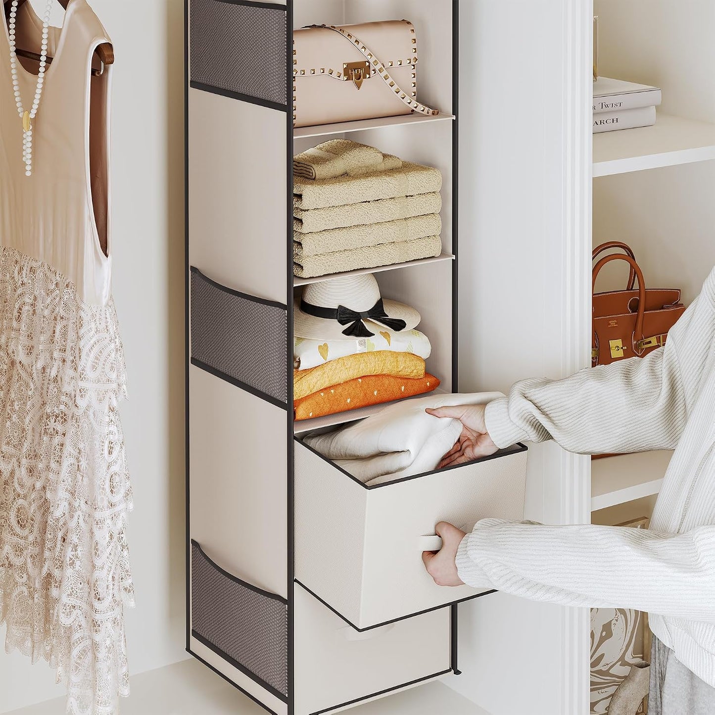 YOUDENOVA Hanging Closet Organizer, 5 Tier Hanging Closet Shelves with 6 Side Pockets and 2 Drawers, Black