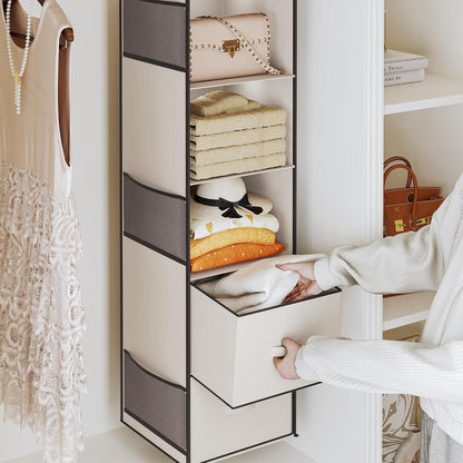 YOUDENOVA Hanging Closet Organizer, 5 Tier Hanging Closet Shelves with 6 Side Pockets and 2 Drawers, Black
