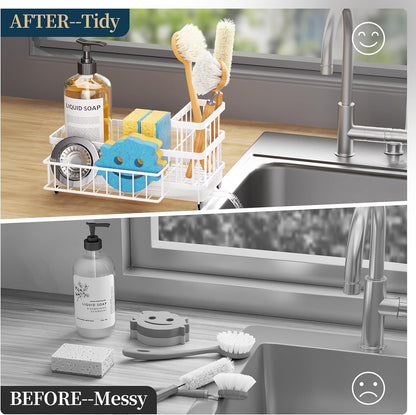 Consumest Sponge Holder for Kitchen Sink - Auto Draining Sink Caddy Organizer with Detachable Rack, High Brush Holder, Kitchen Countertop Storage Accessories, Black