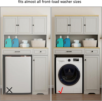 Over The Washer Dryer Storage Shelf Cabinet, Laundry Room Organizer with Basket, Drawer & Adjustable Shelves, Maximize Space Above Compact Washing Machine, Easy Assembly, Antique White