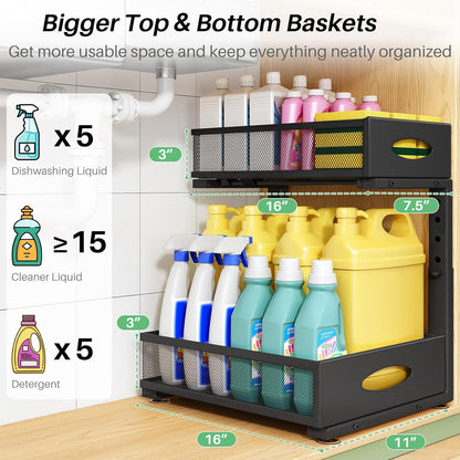 Under Sink Organizer, 2-Pack Pull Out Cabinet Organizer 2 Tier Metal Slide Out Storage Shelf Rack, L-Shaped Adjustable Height,Mesh Sliding Drawer for Kitchen, Bathroom, Laundry, Pantry, White, XL