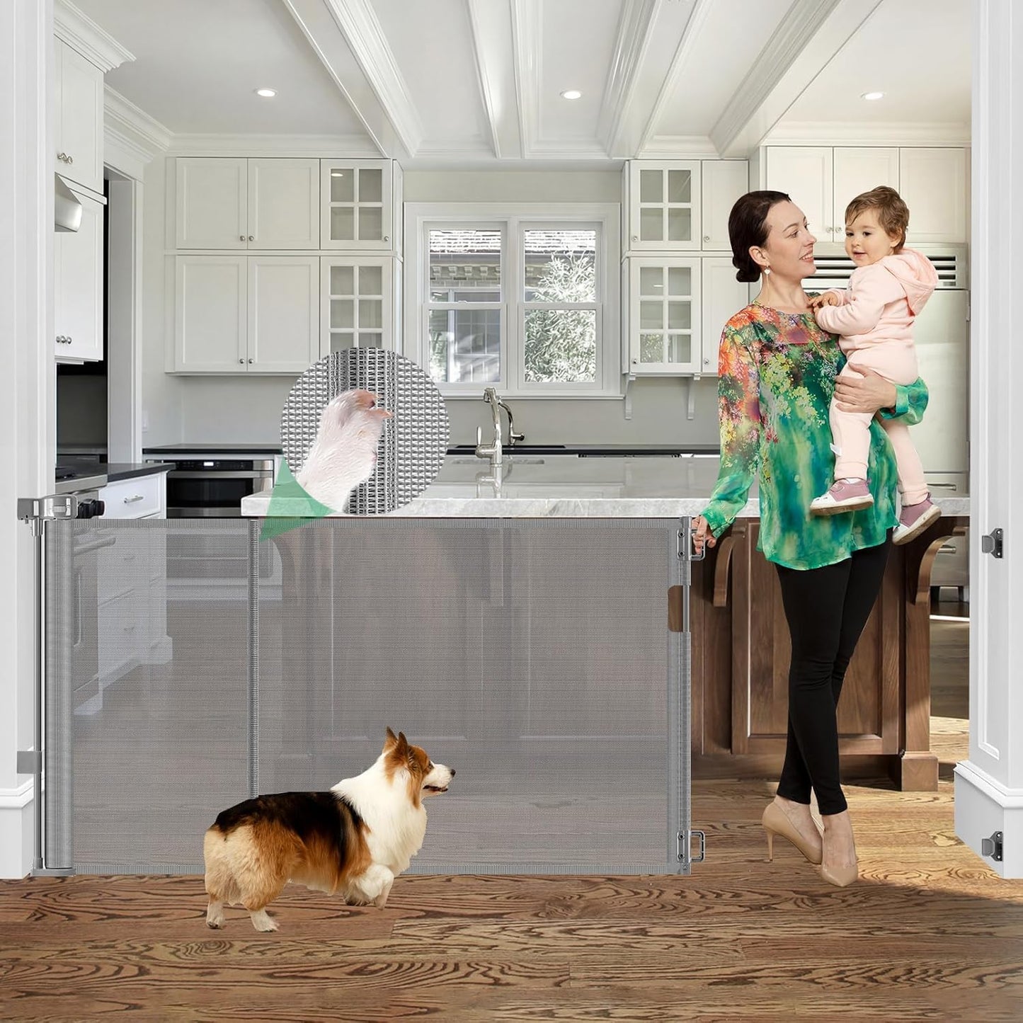 Reinforced 60" Wide Retractable Baby Gates with Upgraded Rods - Bottom Anti-Escape, 5 ft Mesh Baby Gate Retractable Dog Gate Indoor Pet Gate Retractable Stair Gate Outdoor Retractable Gate, Black