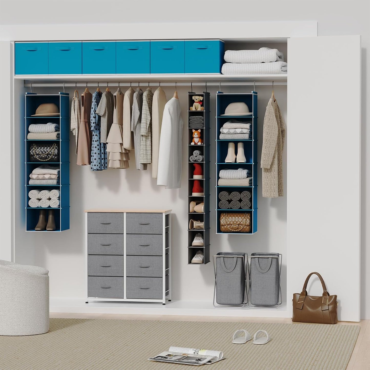 MAX Houser 6 Tier Shelf Hanging Closet Organizer, Closet Hanging Shelf with 2 Sturdy Hooks for Storage, Foldable (Grey)