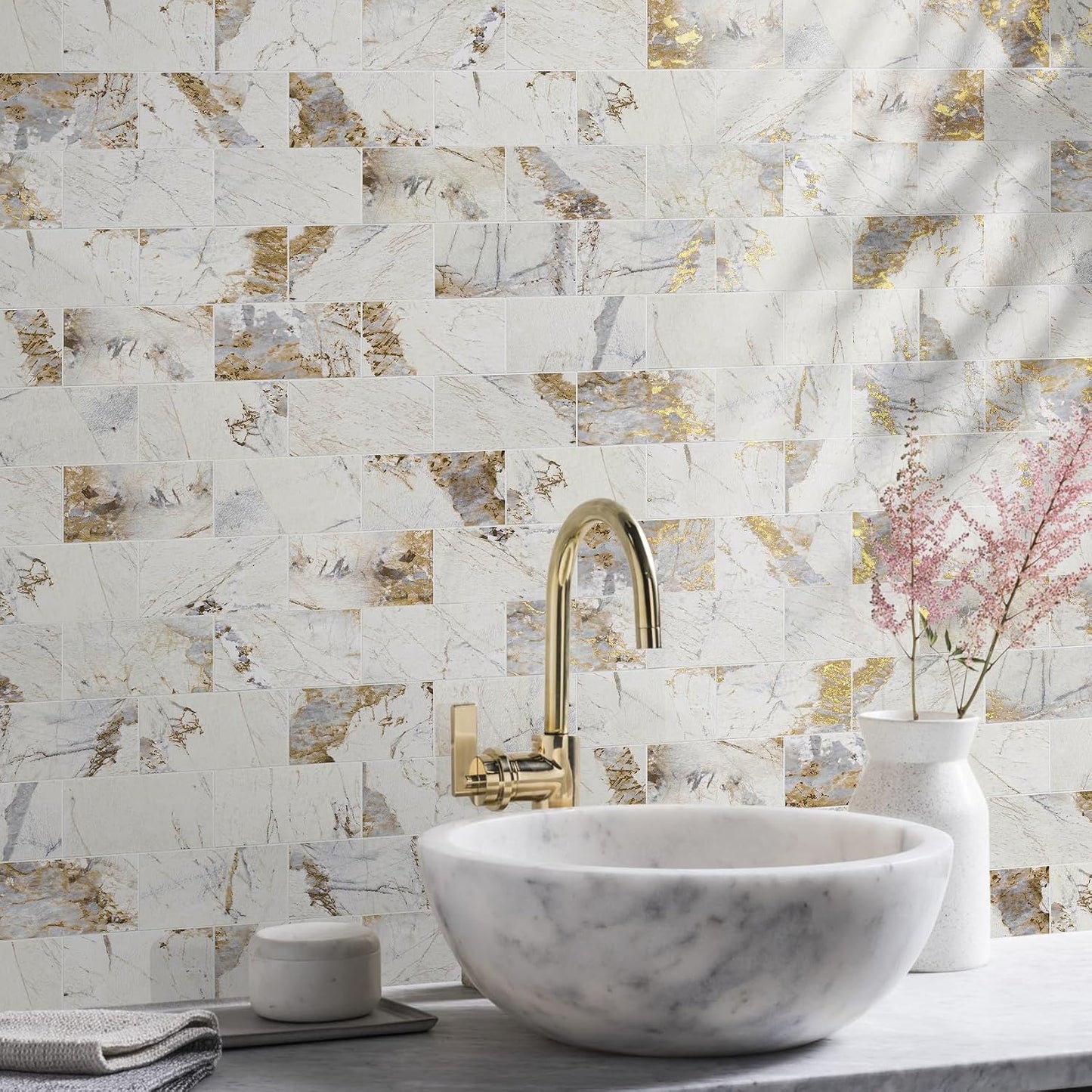 Vamos Tile 100-Piece Glossy Dolomite White Peel and Stick Backsplash Tile,3''x6'' PVC Subway Tile with White Grout, Stick on Backsplash for Kitchen/Bathroom/Fireplace