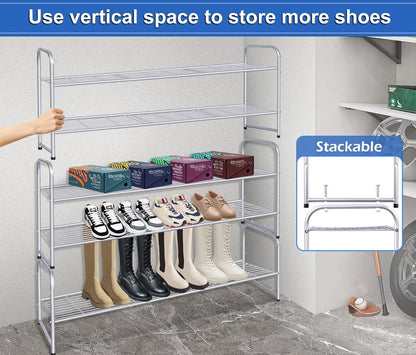 KEETDY 3-Tier Long Shoe Rack for Closet Metal Shoe Organizer for Entryway, Wide Stackable Shoe Storage Shelf with Sturdy Wire Grid for Closet Floor, Bedroom, Black