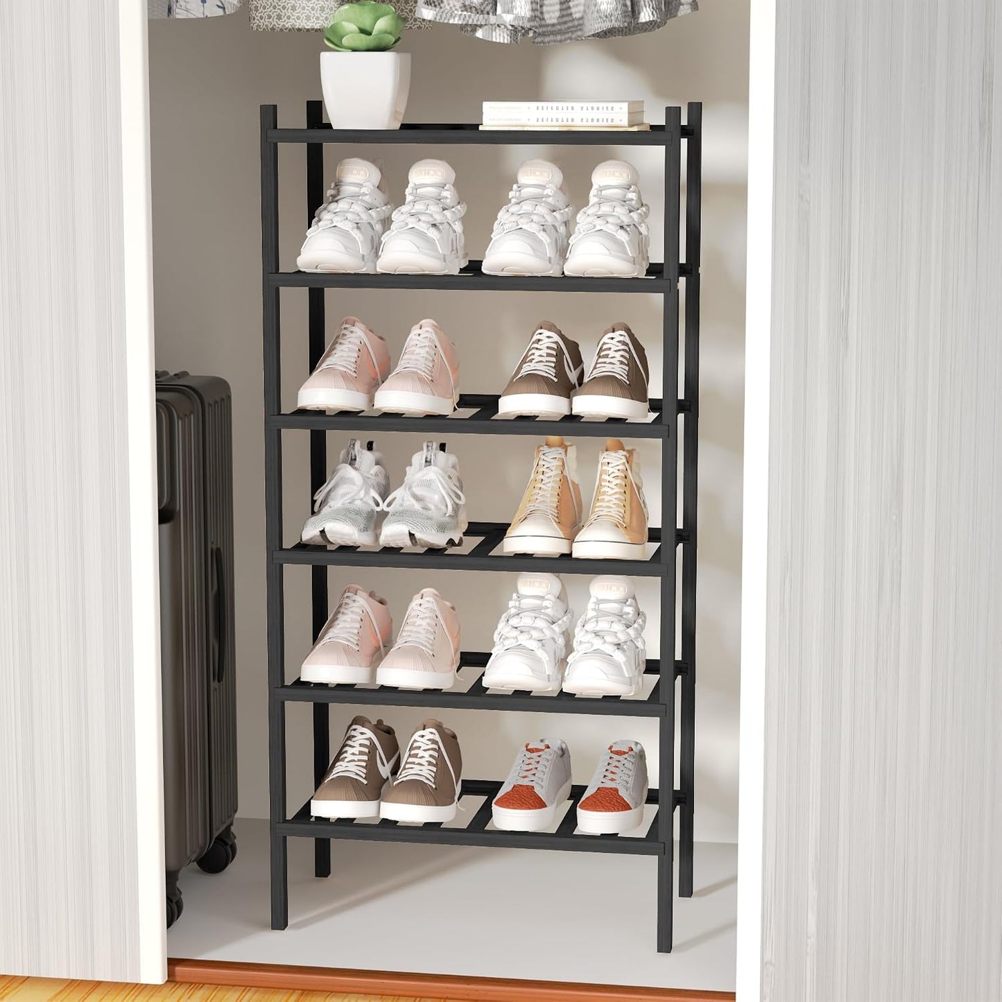 ROMGUAR CRAFT 3 Tier Bamboo Shoe Rack for Closet Free Standing Wood Shoe Shelf Storage Organizer for Entryway Small Space Stackable 27"x11"x20" (Natural)