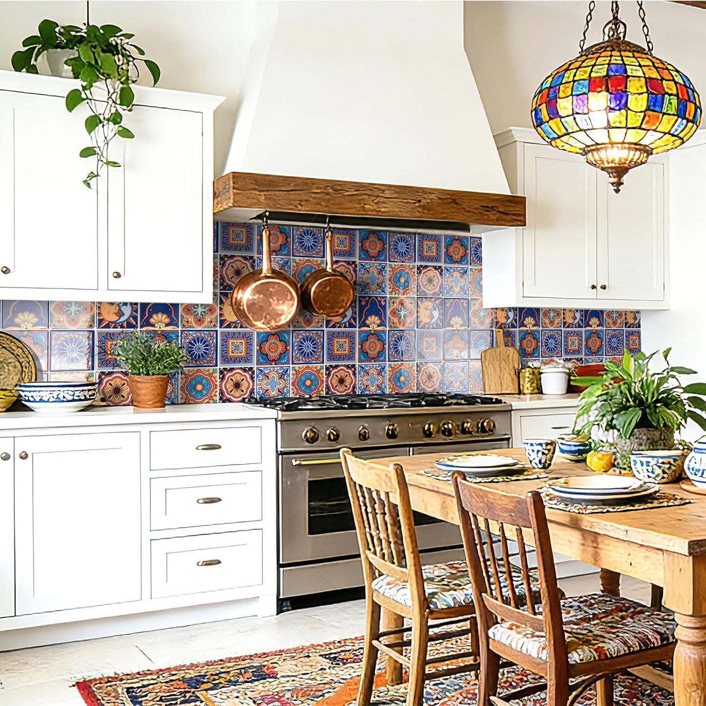 Art3d Talavera Hand-painted Waterproof Peel and Stick Backsplash Tile for Kitchen & Living Room, Sun & Moon Floral Design - 10-Pack of 12 x 12 Inch