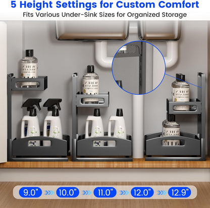 Petiza Under Sink Organizer Pull Out Cabinet Organizer Adjustable Height 2 Tier with Sliding Drawers Kitchen Bathroom Organizer and Storage(1pc)
