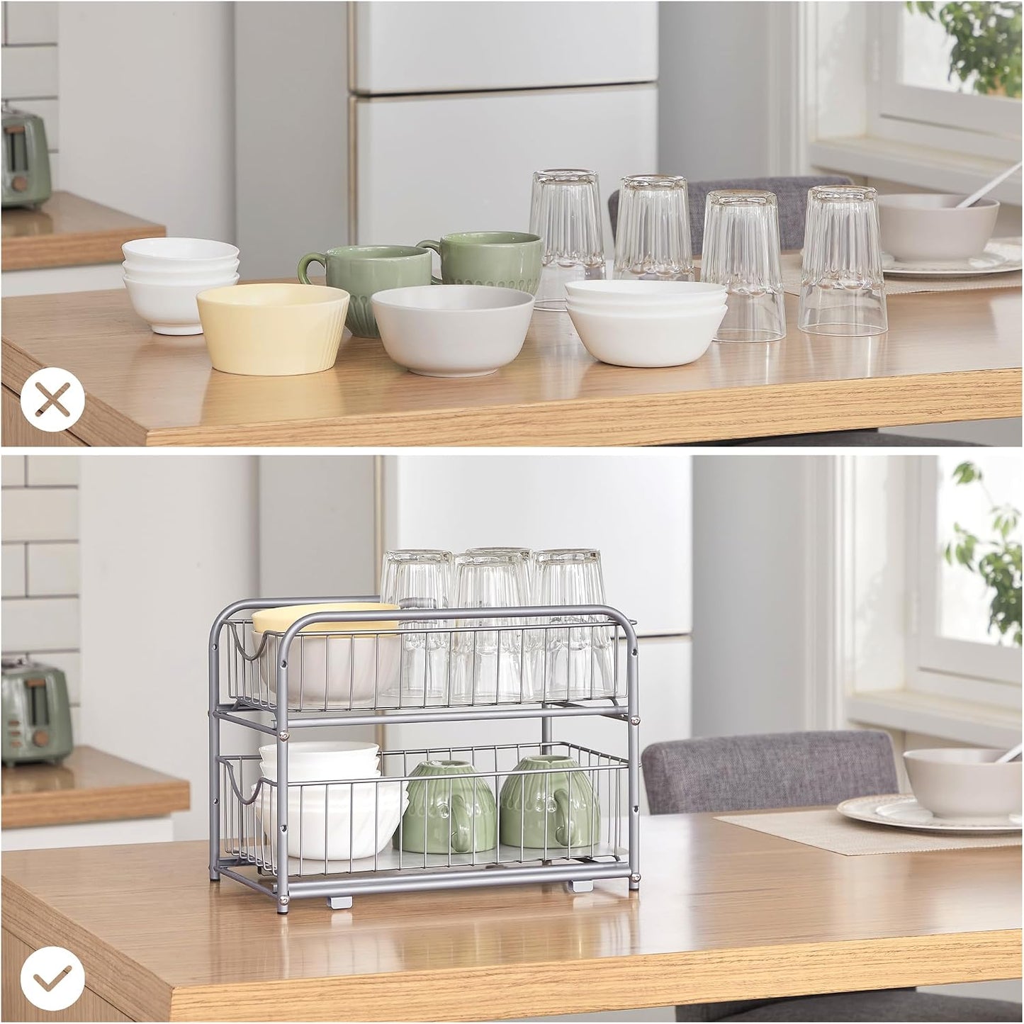 SONGMICS 2-Tier Pull Out Cabinet Organizers, Under Sink Organizer, Bathroom Organizer and Storage, Sliding Basket Drawers, Stackable for Kitchen, Bathroom, Metallic Silver UKCS017E01