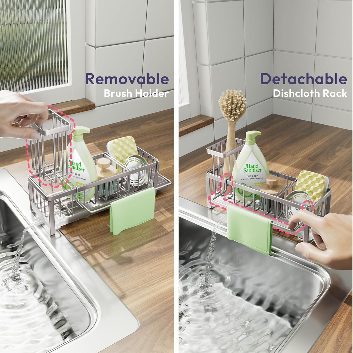 SWTYMIKI Sink Caddy Sponge Holder - Large Sponge Holder for Kitchen Sink with 360°Auto-Drain Tray, Rustproof Stainless Steel Kitchen Organizer Caddy for Countertop Organization