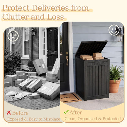 Outdoor Storage Box, 90 Gallon Package Delivery Boxes for Outside, with Lockable Secure, Deck Box Outdoor Waterproof for Entryway, Front Porch, Backyard, Garden, Patio, Lawn, Black