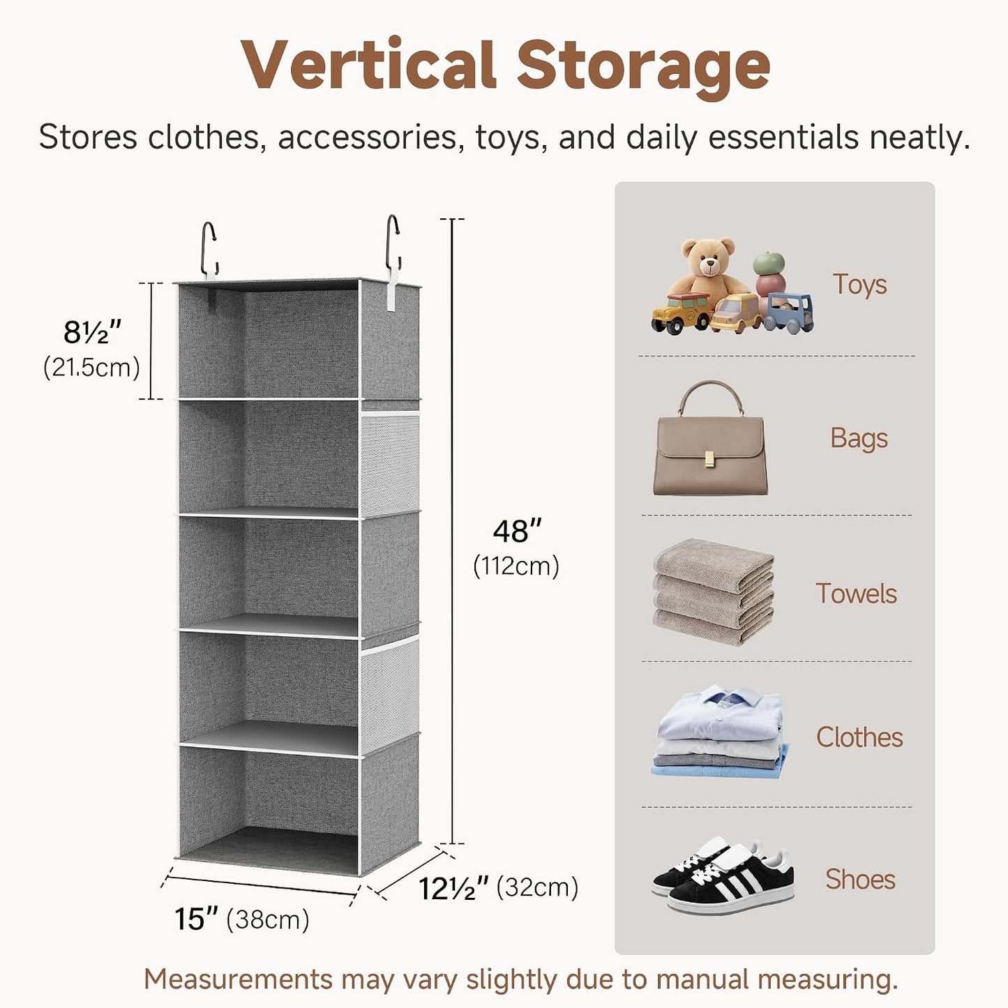 StorageWorks 6-Shelf Hanging Closet Organizer, Hanging Shelves for Closet, Fabric, Mixing of Beige, White & Ivory, 12" D x 12" W x 47 1⁄2" H