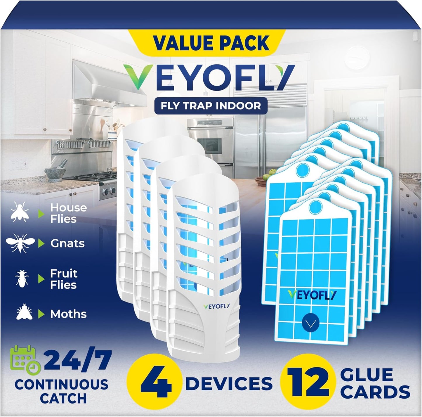 VEYOFLY Fruit Fly Traps for Indoors (2 Device + 6 Refills), Gnat Trap Indoor Plug in, Bug Traps, Flying Insect Trap, Gnat Traps for House Indoor, Fly Trap Indoor for Home Bug Light, Gnats Catcher