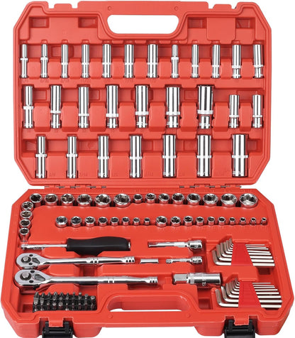 Egofine 46 Pieces 1/4 inch Drive Socket Ratchet Wrench Set, with Bit Socket Set Metric and Extension Bar for Auto Repairing and Household, with Storage Case