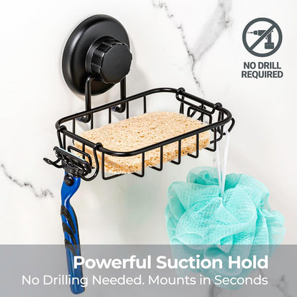 HASKO 2-Pack Suction Cup Soap Holder – Bar Soap Dish for Shower with Hooks for Bathroom – Optional Mounting with Adhesive Tape or Glue – Includes 2 Soap Savers – Stainless Steel SS304 - Silver