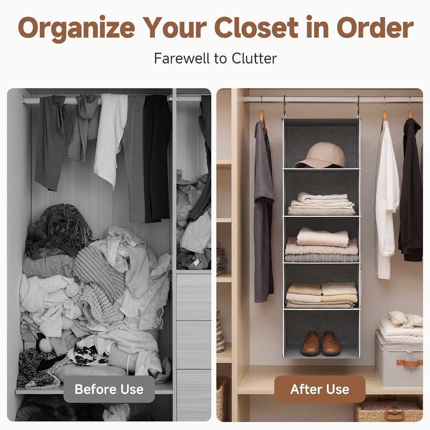 StorageWorks 6-Shelf Hanging Closet Organizer, Hanging Shelves for Closet, Fabric, Mixing of Beige, White & Ivory, 12" D x 12" W x 47 1⁄2" H