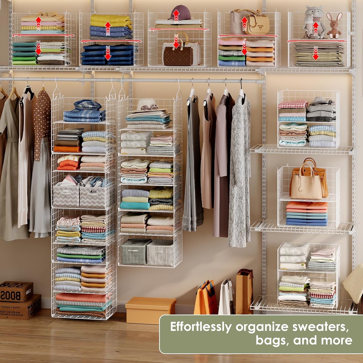 X-cosrack Closet Hanging Organizer Shelves - 5 Tier Wardrobe Organizers and Storage Bin, Hanging Organizer Shelves, Clothes Shelf with Adjustable Dividers for Bedroom Closet Sweater Shoes Handbag