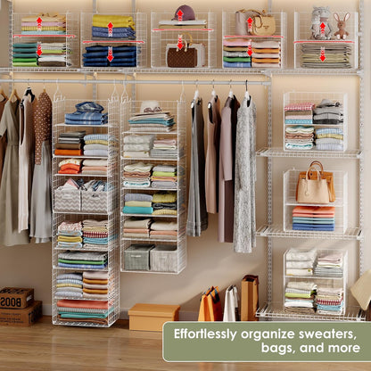 X-cosrack Closet Hanging Organizer Shelves - 5 Tier Wardrobe Organizers and Storage Bin, Hanging Organizer Shelves, Clothes Shelf with Adjustable Dividers for Bedroom Closet Sweater Shoes Handbag