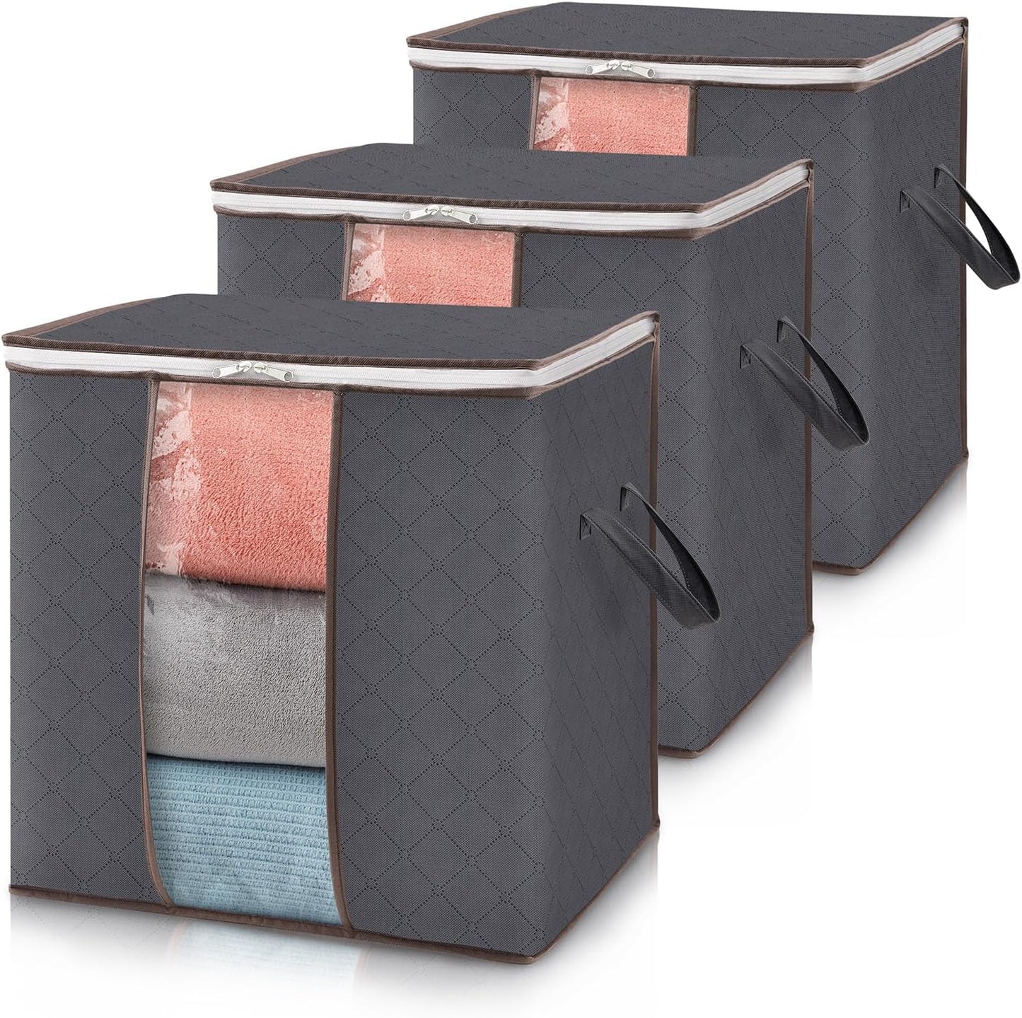 Lifewit 3 Pack 90L Clothes Storage Bins with Lids, Foldable Blanket Storage Bags with Zippers, Clear Window and Reinforced Handles, Closet and Organization for Clothing, Sweater, Comforter, Bedding