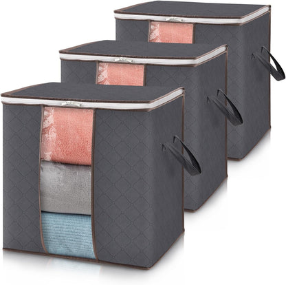 Lifewit 3 Pack 90L Clothes Storage Bins with Lids, Foldable Blanket Storage Bags with Zippers, Clear Window and Reinforced Handles, Closet and Organization for Clothing, Sweater, Comforter, Bedding