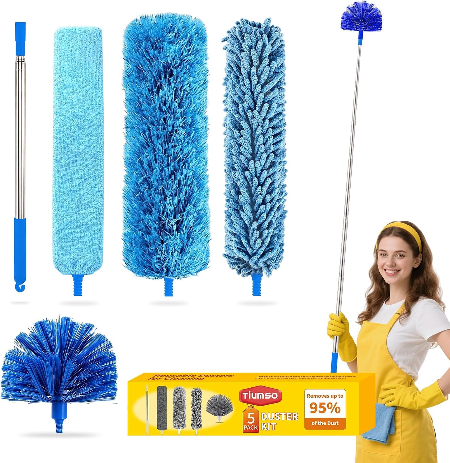 Tiumso Dusters for Cleaning,Microfiber Feather Duster 5-in-1 Kit, Duster with Extension Pole 100 Inches, Cobweb Duster, Microfiber Dusters for High Ceilings and Fans, Blinds and Cars