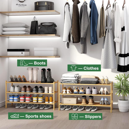 kiplant Small Shoe Rack, 4-Tier Bamboo Wood Shoe Rack for Entryway, Stackable Shoe Organizer for Hallway Closet, Free Standing Shoe Racks for Indoor & Outdoor