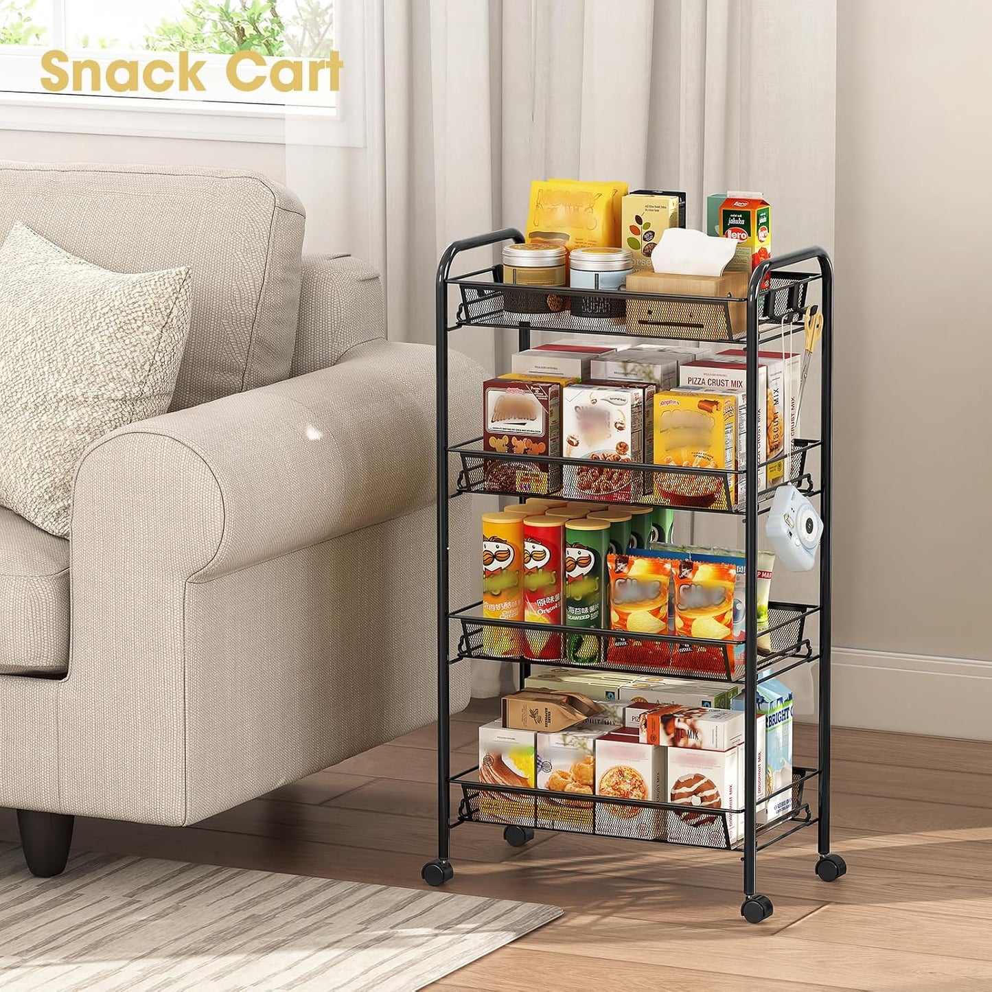 TOOLF 3-Tier Metal Rolling Cart, Mesh Wire Easy Assemble Utility Cart, Storage Trolley on Wheels with 3 Hooks, MetalStorage Shelving Units for Kitchen Bathroom Laundry Room