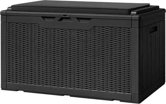Greesum 100 Gallon Resin Deck Box Large Outdoor Storage with Cushions for Patio Furniture, Garden Tools, Pool Supplies, Weatherproof and UV Resistant, Lockable, Black