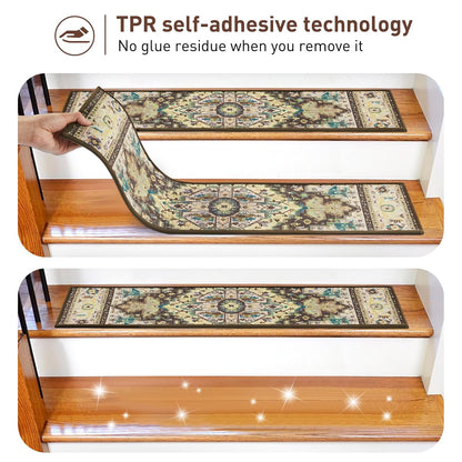 Stair Treads for Wooden Steps Indoor, 15 Pack 8" X 30" Non Slip Carpet Stair Treads with Reusable Adhesive for Kids Elders and Dogs, TPR Backing Stair Rugs Oriental Staircase Step Treads,Bohemia
