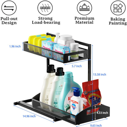 Petiza Under Sink Organizer Pull Out Cabinet Organizer Adjustable Height 2 Tier with Sliding Drawers Kitchen Bathroom Organizer and Storage(1pc)