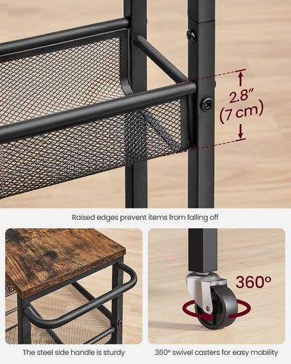 VASAGLE Slim Rolling Cart, 4-Tier Narrow Storage Cart with Handle, 5.1 Inches Deep, Metal Frame, for Kitchen, Dining Room, Living Room, Home Office, Rustic Brown and Classic Black ULRC032B01V1