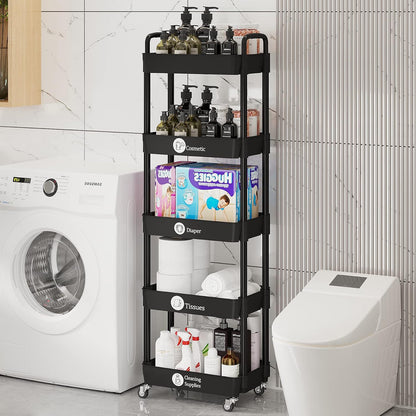 Laiensia 3-Tier Rolling Cart with Wheels,Multifunction Utility Storage Carts, Kitchen Storage Organizer,Mobile Shelving Unit for Bathroom,Laundry,with Classified Stickers,White