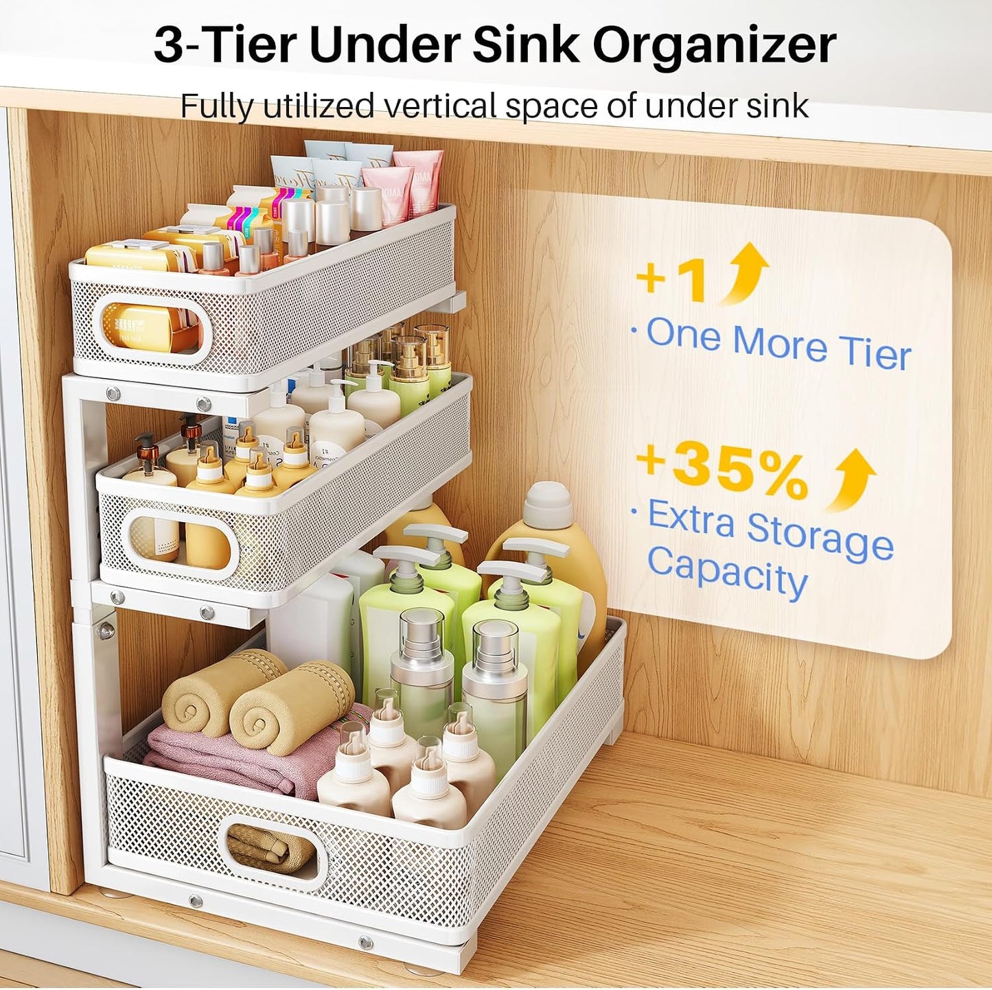 Under Sink Organizer, 2-Pack 3-Tier Thickened Metal Pull out Cabinet Organizer Shelf, Height Adjustable Slide out Storage Drawer Rack for Kitchen Bathroom Pantry Laundry Home Office Organization