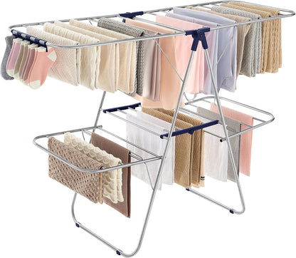 SONGMICS Clothes Drying Rack, with Sock Clips, Metal Laundry Rack, Foldable, Space-Saving, Free-Standing Airer, with 2 Height-Adjustable Gullwings, Indoor Outdoor Use, Gray ULLR052G01