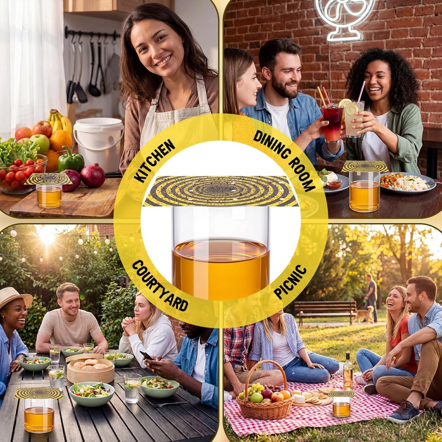 100 Pack Fruit Fly Trap Covers, Single-Sided Sticky Paper Lids, 8 Vent Holes for Vinegar/Wine Bait, Fits Cups & Jars for Indoor Kitchen & Pantry Gnat Control (Round,Yellow)