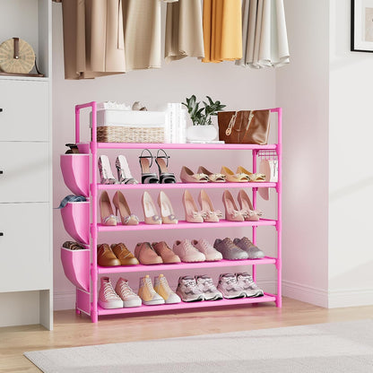 VILICK 5 Tier Shoe Rack with Hook and Side Pocket,Shoe Organizer Space Saver Storage for 20-25 Pair Shoe Storage Shelf Sturdy Free Standing Long Shoe Rack Organizer for Closet,Entryway,Small Spaces