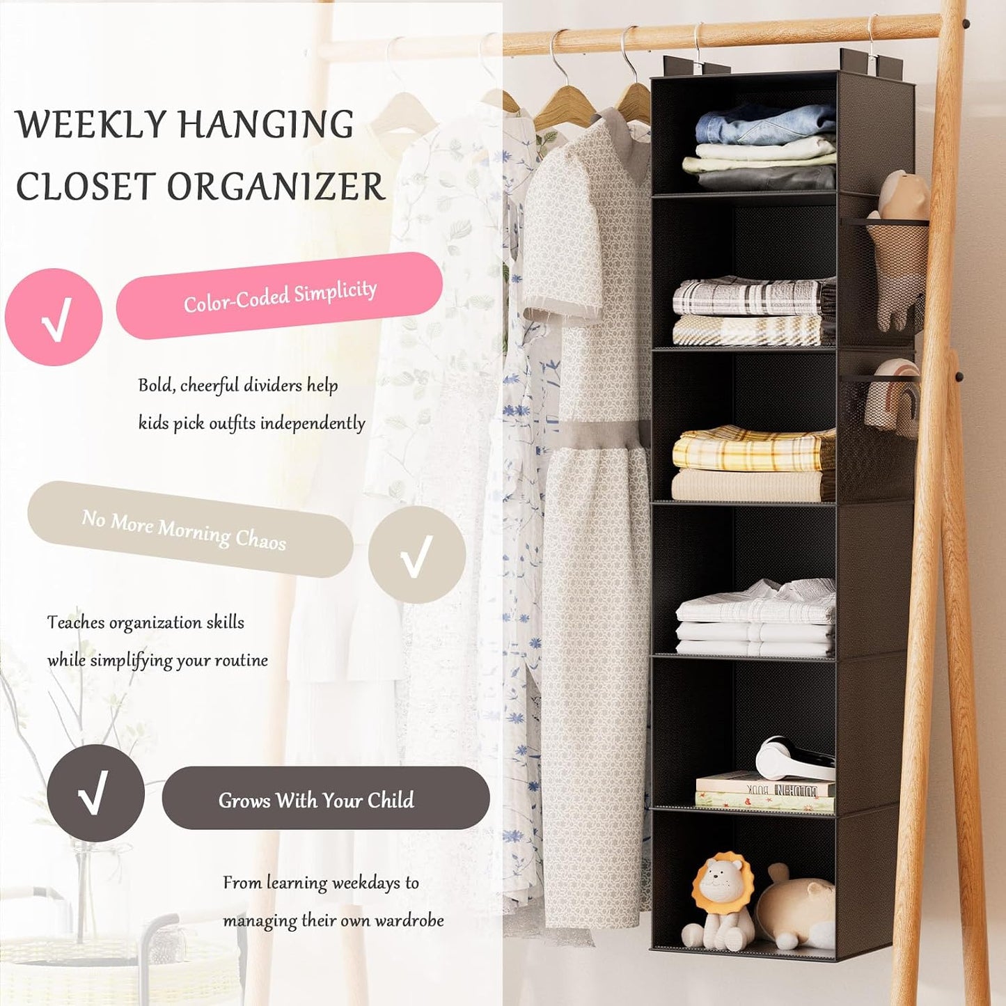 Weekly Hanging Closet Organizer for Kids, 6-Shelf Clothes Storage with Labeled Days of The Week Monday Through Friday, Weekday and Weekend, Days of The Week Clothes Organizer