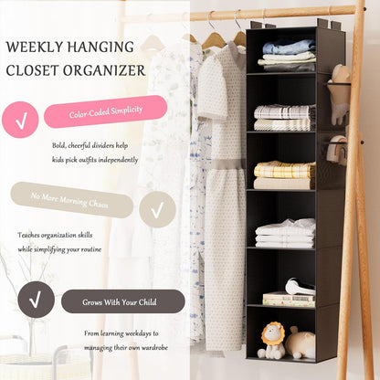 Weekly Hanging Closet Organizer for Kids, 6-Shelf Clothes Storage with Labeled Days of The Week Monday Through Friday, Weekday and Weekend, Days of The Week Clothes Organizer