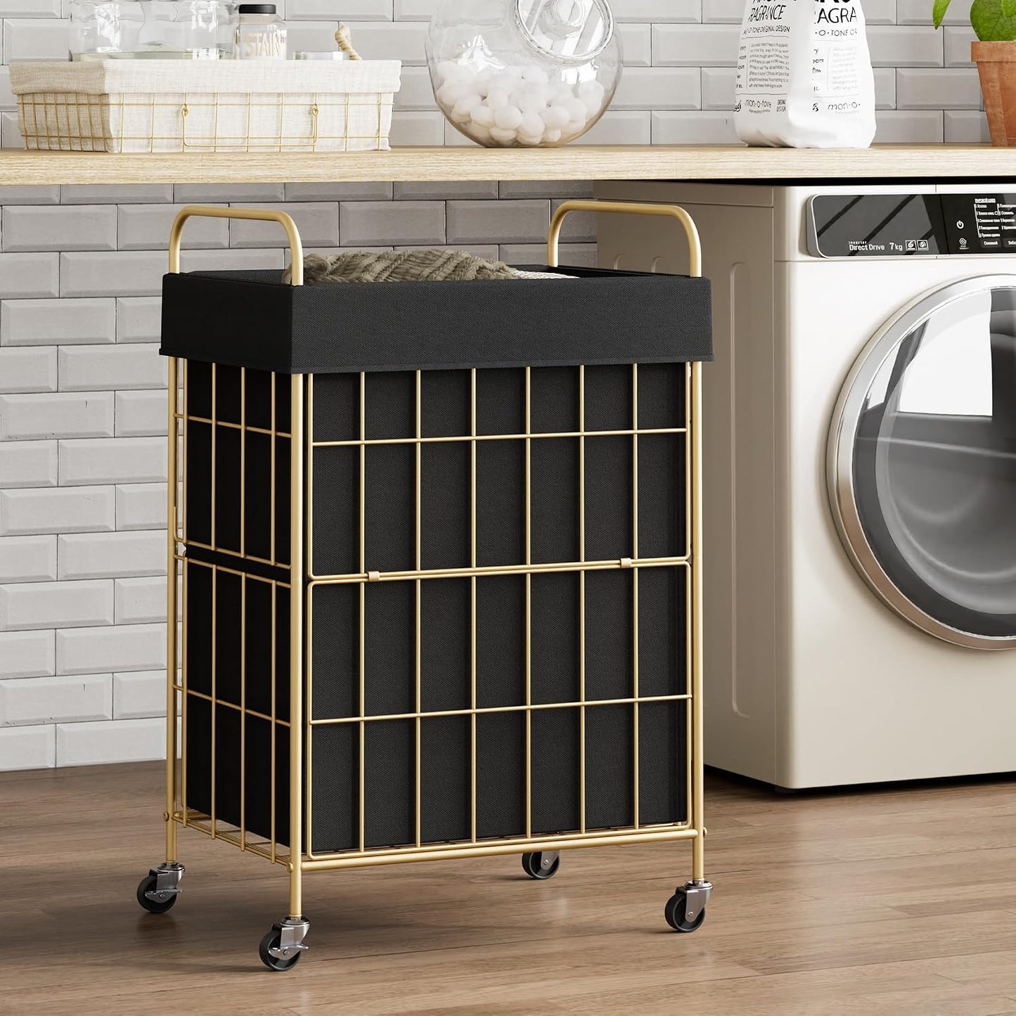 2 Section Laundry Hamper with Wheels and Brake, 100L Laundry Sorter Cart with 2 Removable Liner Bags, Metal Handle, Rolling Laundry Basket for Bedroom Laundry Room