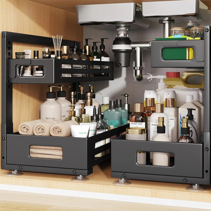 2 Pack Under Sink Organizer,Pull Out Cabinet Organizer with Smooth Cylindrical Rail,Metal Slide Out Drawer for Kitchen Bathroom Laundry Cabinet,8-Level Tool Free Height Adjustable-Black