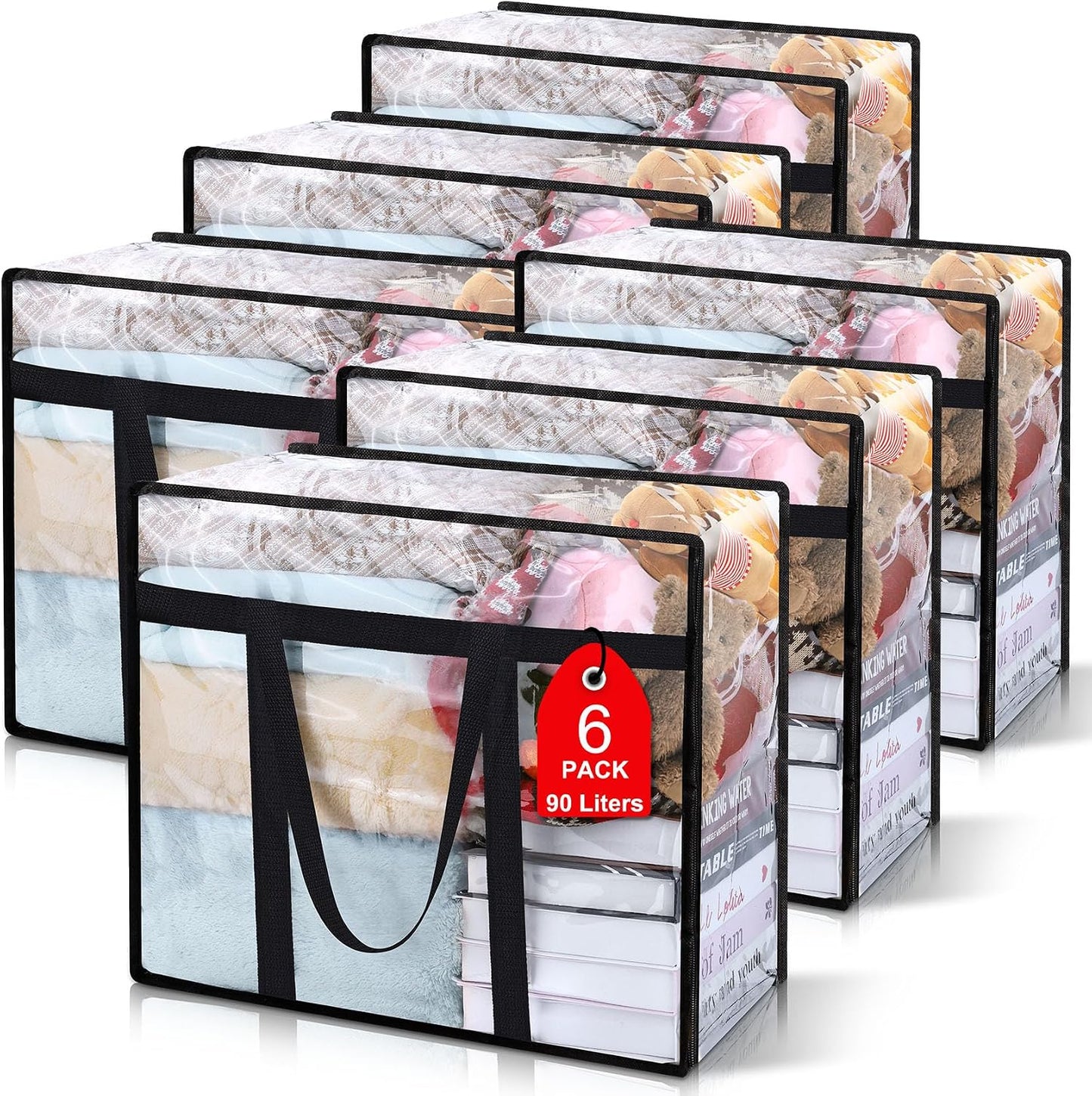 6Pack Clear Blanket Storage Bags Comforter Clothes Storage Moving Bag, 40L | Vinyl Material Reinforced Handle for Bedding, Clothing, Comforters, Pillows, Toys, Closet Organizers and Storage Containers
