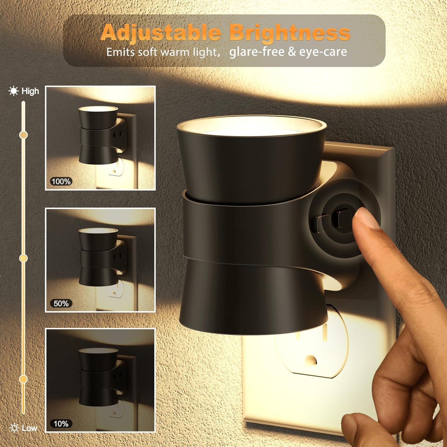 JandCase Motion Night Light, Rotating Night Lights Plug into Wall, 3 Colors 3000K-5000K-Amber, Dusk to Dawn & Motion Sensor, 3 Level Brightness Nightlight for Bathroom Bedroom Hallway [2 Pack]