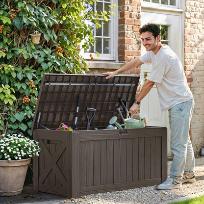Greesum 120 Gallon Deck Box, Resin Outdoor Storage Container for Patio Furniture, Garden Tools, Pool Accessories, Weatherproof, Lockable, Black