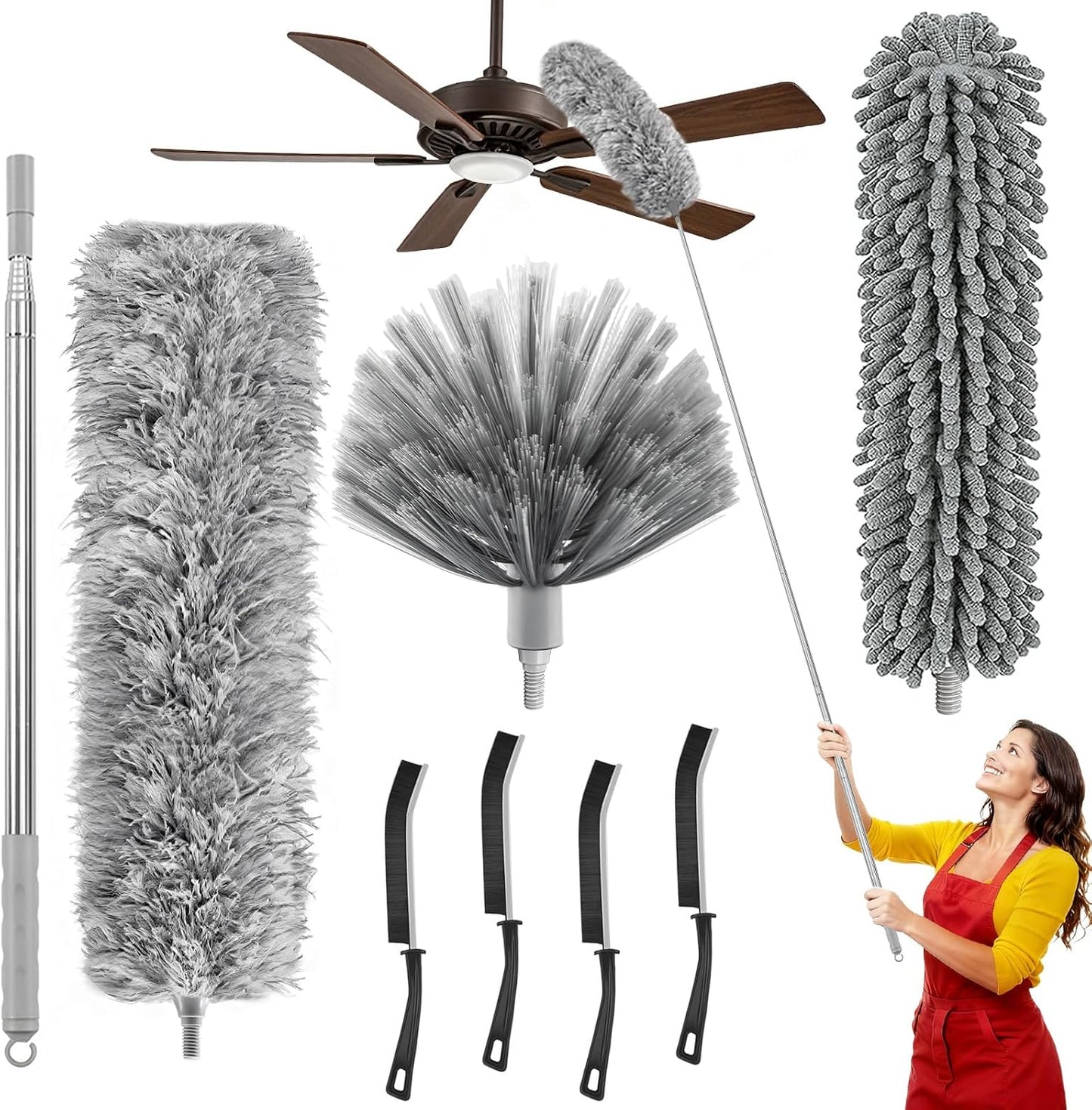 100-inch Duster with Extension Pole, 9-in-1 Cobweb Duster Kit Includes Spider Web Brush & Flat Gap Cleaner for High Ceiling, Fan, Under Appliances, Car, Home Deep Cleaning