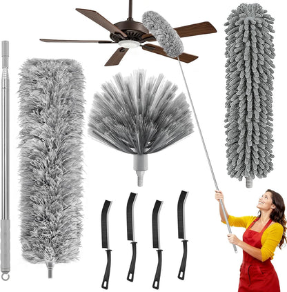 100-inch Duster with Extension Pole, 9-in-1 Cobweb Duster Kit Includes Spider Web Brush & Flat Gap Cleaner for High Ceiling, Fan, Under Appliances, Car, Home Deep Cleaning