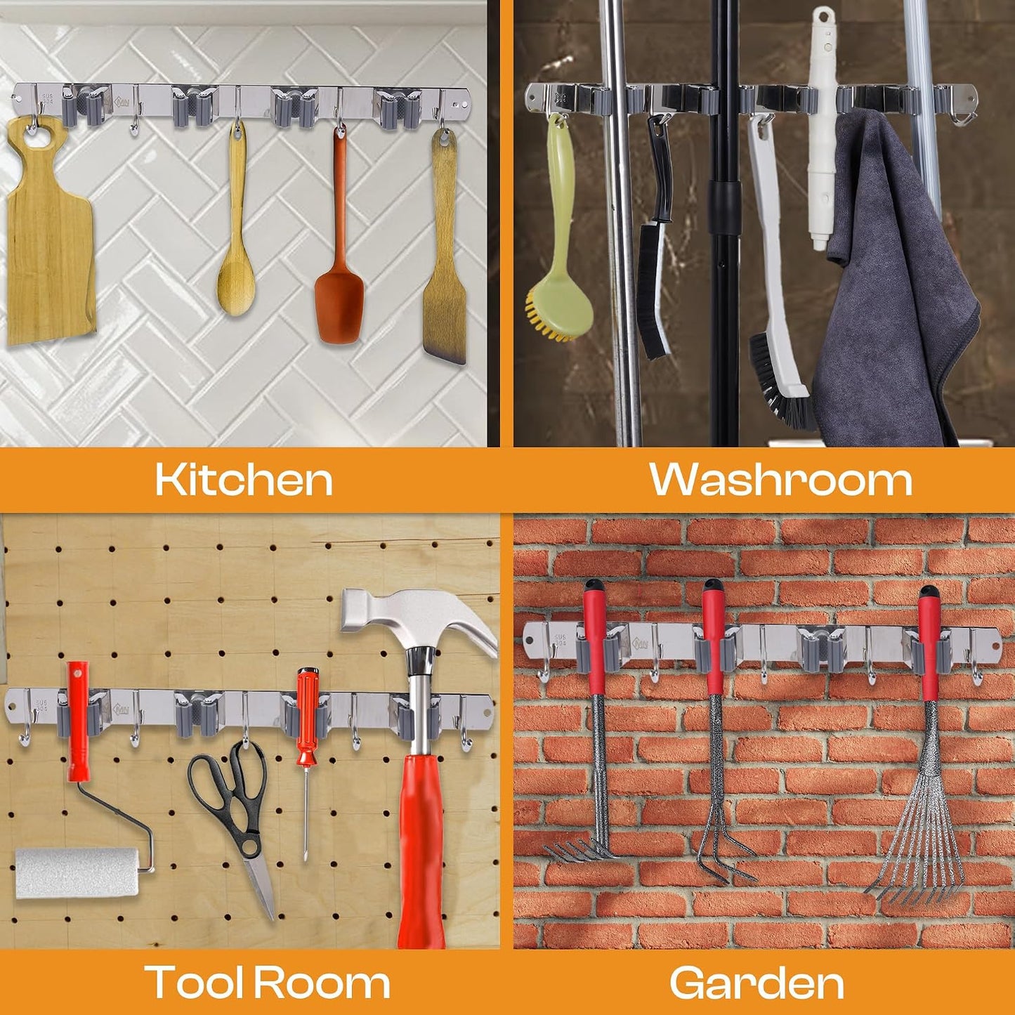 Heavy-Duty Stainless-Steel Broom Holder Wall Mount with 3 Racks and 4 Hooks | Waterproof Mop and Broom Hanger | Adjustable, Garage & Garden Tool Organizer | Black
